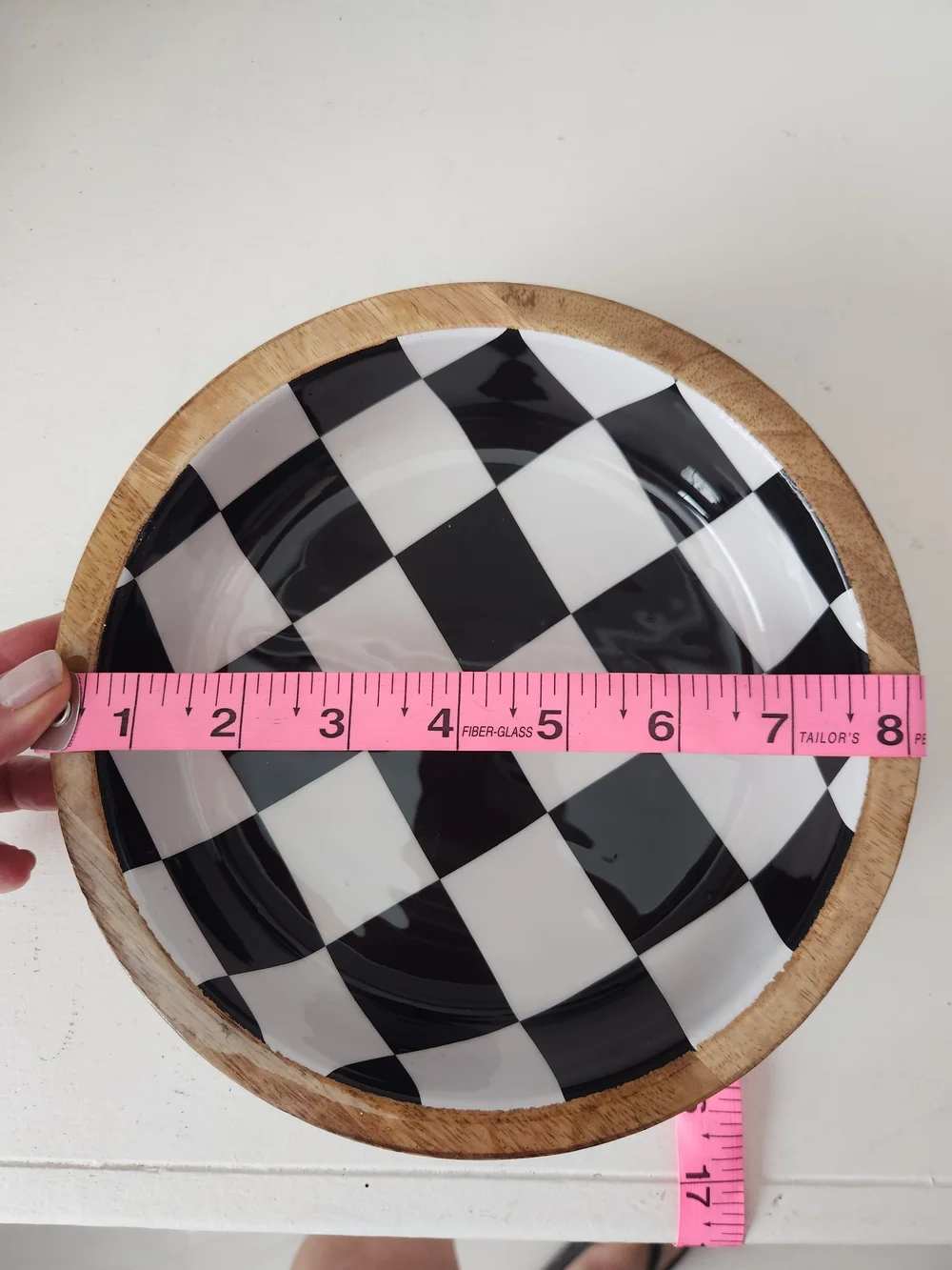 Black & White Checker Enamel on Wood 8in Serving Tray/ Bowl Enameled Checkerboad